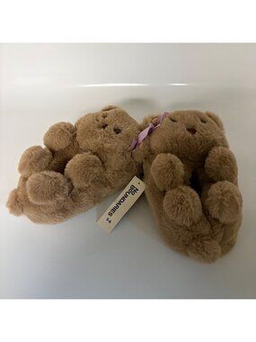 No Boundaries Bear Slippers Womens Size 5-6 Brown Plush Non-Slip Sole NEW